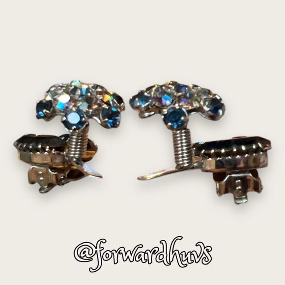 RARE AB Rhinestone Clip Earrings with Spring Attached Rhinestone Flower - Picture 3 of 8